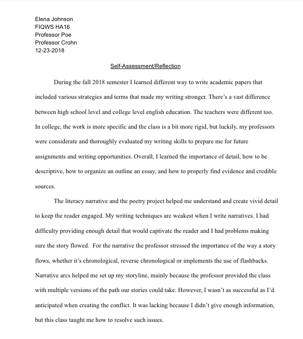 self reflective essay on writing english class outline
